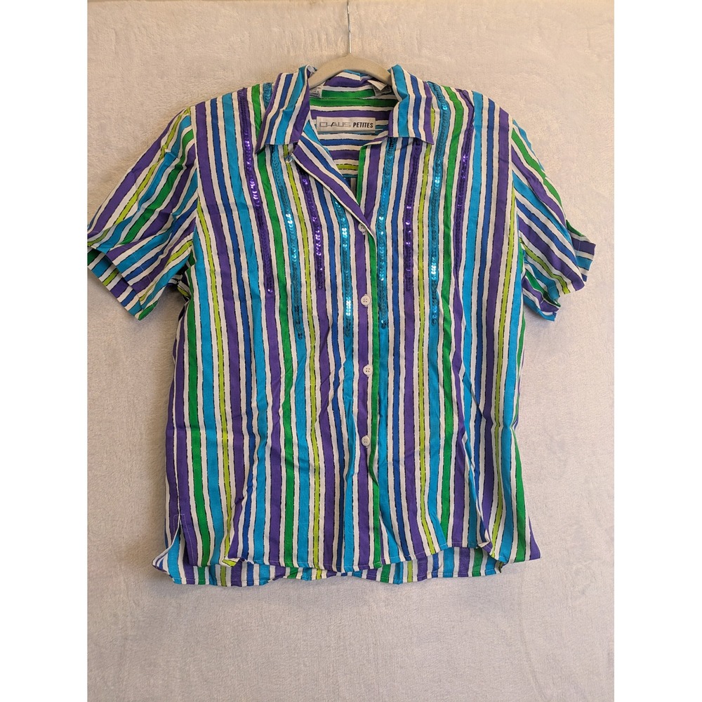 CHAUS‎ Petites Womens Striped Sequin Button Up Shirt Size 12 Rayon